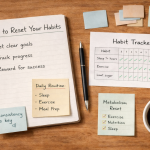 How to Reset Your Habits – featured visual - Fresh Start 30: A Journey To Better Health Flat-lay of a notebook with habit notes and a pen on a wood desk, representing habit reset planning.